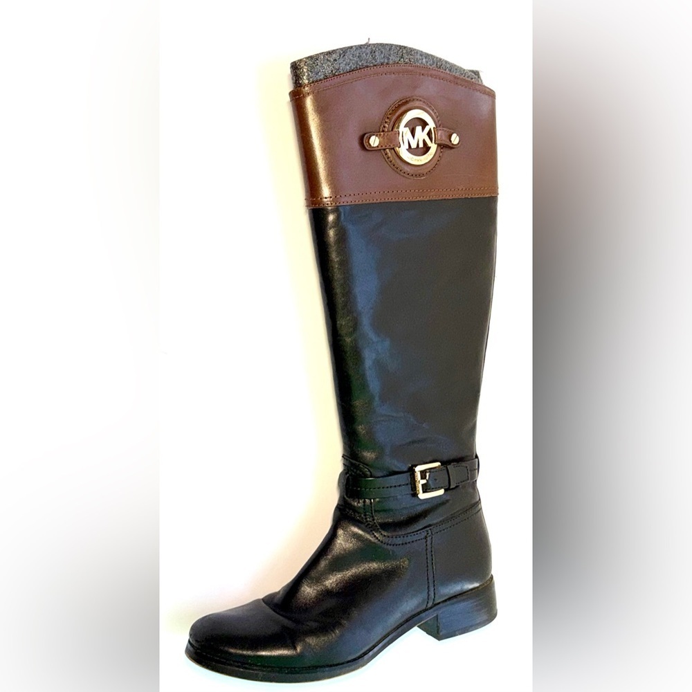 Michael Kors Stockard Two-Tone Black & Mocha Brown Leather Riding Boots - 8 - Picture 3 of 8